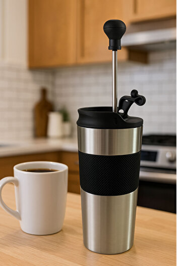 SİHİRLİ AYAKLAR Metallic Color French Press Mug 450 ml Thermos Gray Stainless Steel Thermos Mug