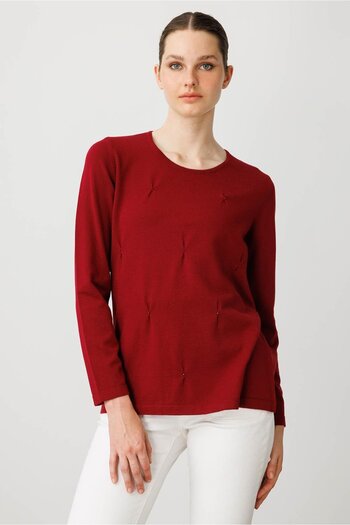 Desen Triko Women's O-Neck Front Pleated Beaded Ligral Blouse V. Rot