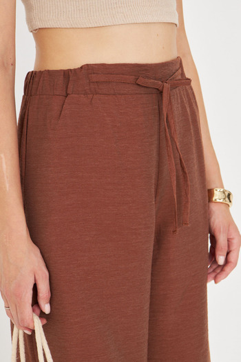 armonika Women's Brown Elastic Waist Pocket Tie Detail Loose Trousers Arm-25Y001077