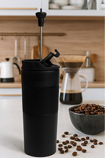 SİHİRLİ AYAKLAR Black Color French Press Mug 450 ml Thermos Gray Stainless Steel Thermos Mug