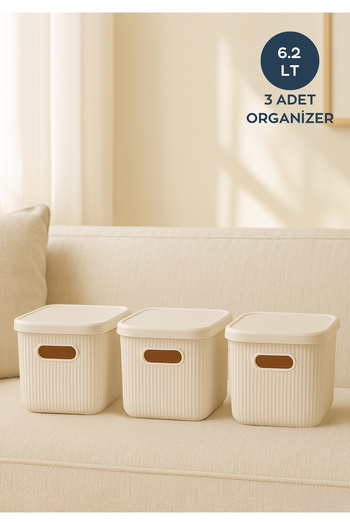 HOMİNG 3 Pieces Organizer Organizer Ecru Box with Lid 6.2Lt