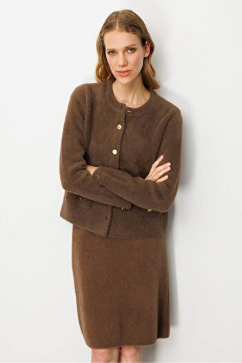 Desen Triko Women's O-Neck Metal Button Aphrodite Short Knitwear Jacket Brown