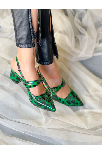 BERFONA Veroni̇ka Green Leopard Patent Leather Banded Buckle 5 cm Heel Sandals