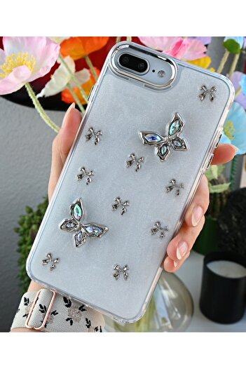 Go Aksesuar Flexible Silicone Case with Metal Butterfly Toy Design Compatible with iPhone 7 Plus and 8 Plus