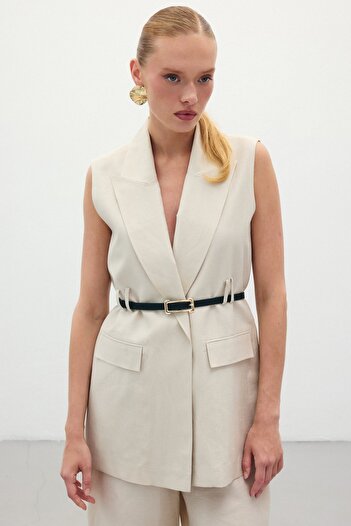 Sateen Belted Linen Vest - Stone