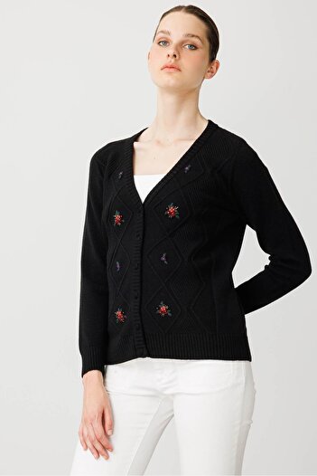 Desen Triko Women's V-Neck Front Diamond Embroidery Embroidered Cardigan Black