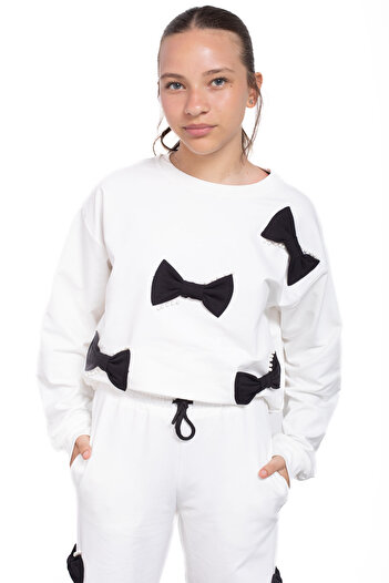 Cansın Mini Ecru Bow and Pearl Detailed Girl's Crew Neck 2-Piece Tracksuit Set 21203