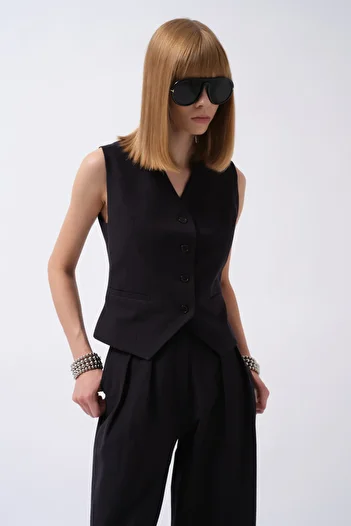 Black Fashion Flato Pocket Buttoned Navy Blue Vest