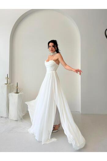 Serica Moda Βραδινό φόρεμα από τούλι σιφόν με λουράκια από λευκό σχοινί