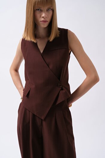 Black Fashion Side Button Asymmetrical Linen Brown Vest
