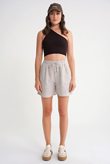 Mixray 4728 Women's Elastic Waist Striped Muslin Shorts Brown