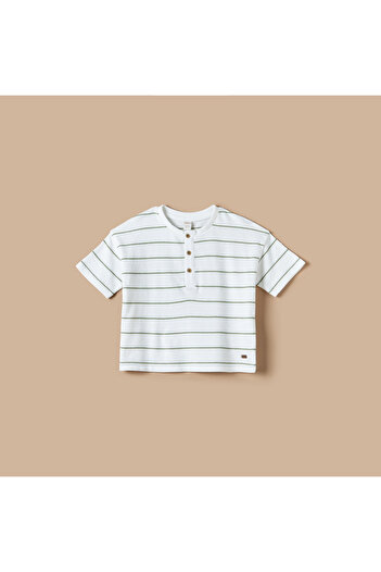 giggles Striped Henley Neck T-shirt with Short Sleeves