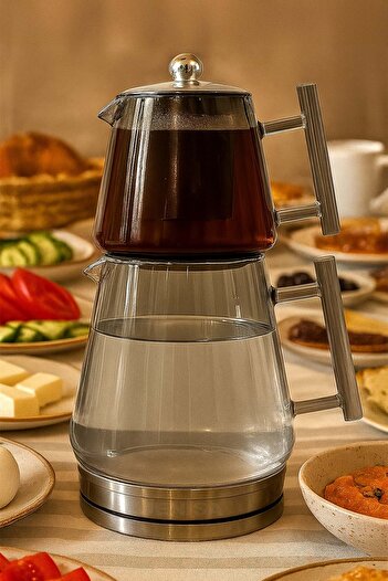 Jenisa Smoked Glass Teapot Set with Induction Base Metal Strainer – 1550 ml with Borosilicate Glass Teapot