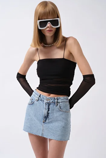 Black Fashion Laser Cut Denim Mini Blue Skirt