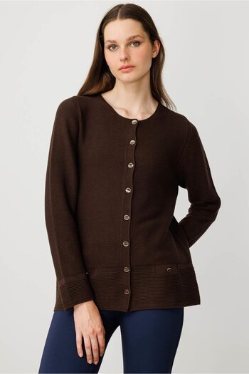 Desen Triko Women's Crew Neck Buttoned Cardigan Brown