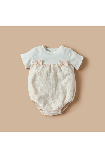giggles Lace Romper with Round Neck and Bow Detail