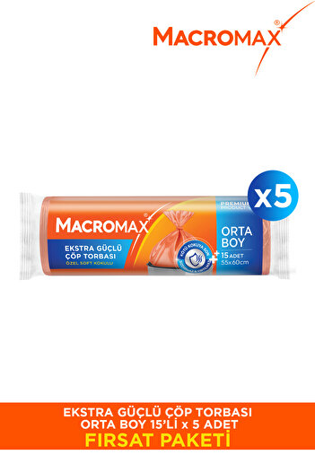 MACRO MAX Ekstra Güçlü Çöp Torbası Orta Boy - 15 Li Paket X5