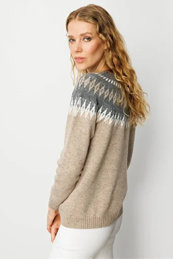 Desen Triko Women's Crew Neck Robe Diamond Patterned Wool Sweater K.Beige
