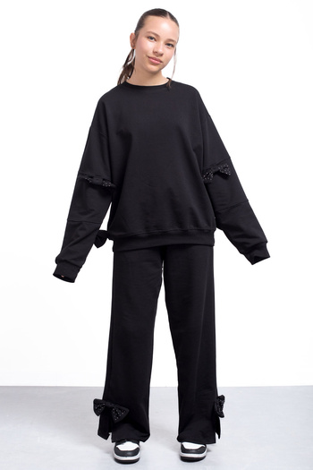 Cansın Mini Black Slit Leg Bow Detailed Girl's 2-Piece Tracksuit Set 21215