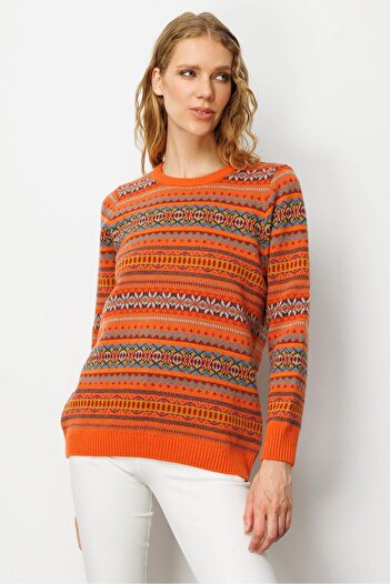 Desen Triko Women's Crew Neck Complete Jacquard Wool Sweater Orange