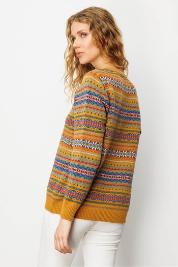 Desen Triko Women's Crew Neck Complete Jacquard Wool Sweater Mustard