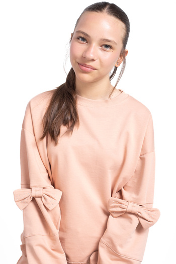 Cansın Mini Beige Slit Leg Bow Detailed Girl's 2-Piece Tracksuit Set 21214