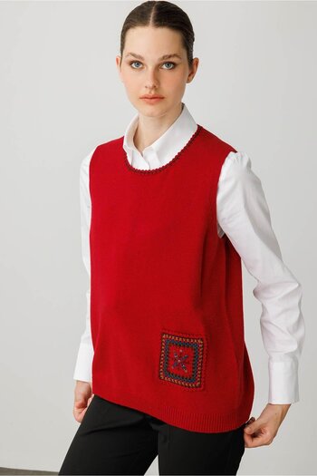Desen Triko Women's Crew Neck Pocket and Collar Colorful Crochet Wool Sweater Dark Red