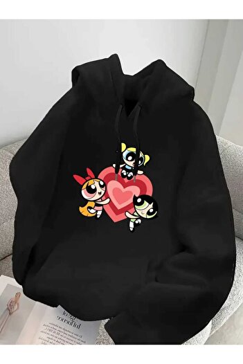 caddekombin Powerpuff Girls печатно качулато памучно черно суитшърт с джобове