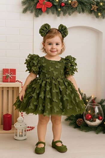 Nissa Green Butterfly Patterned Girl's Children's Dress Evening Dress