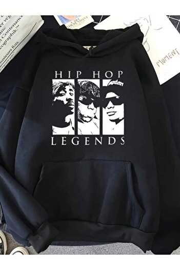 caddekombin Μαύρο φούτερ με κουκούλα με στάμπα Hip Hop Legends, με επένδυση από μαλλί μέσα και τσέπες