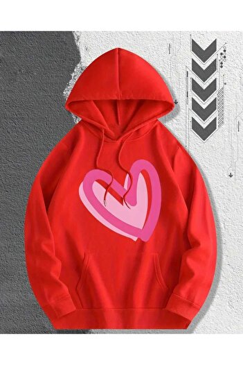 caddekombin Hanorac roșu din bumbac cu glugă și buzunar, cu imprimeu Heart Fuchsia Pink