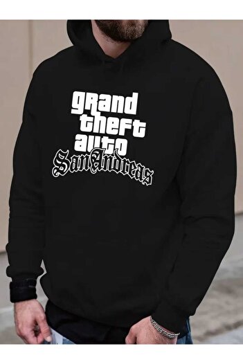 caddekombin Μαύρο φούτερ με κουκούλα GTA San Andreas με τυπωμένο σχέδιο και μάλλινη επένδυση μέσα