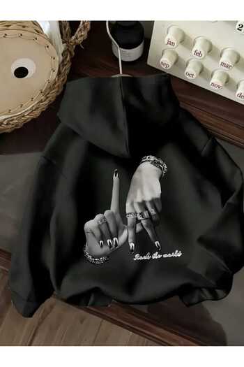 caddekombin LA Rock The World Arka Baskılı Kapüşonlu Cepli İçi Yünlü Siyah Sweatshirt