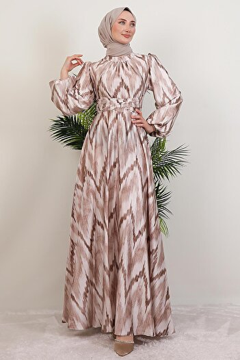 GİYZAMİLA Satin Dress with Waist Belt Brown