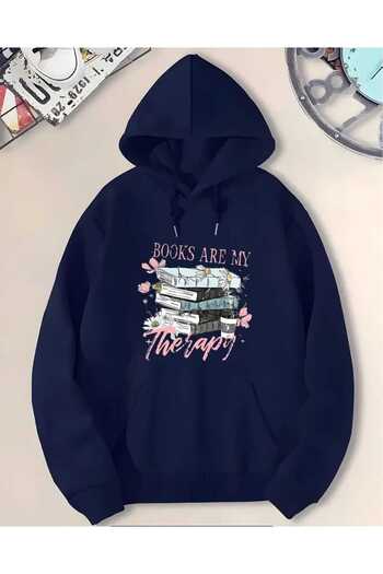 caddekombin Book Therapy Printed Hooded Pocket Navy Blue Sweatshirt with Wool Inside