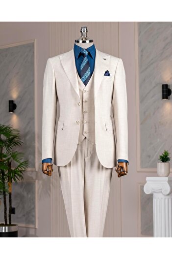 TerziAdemAltun İtalyan stil slim fit ceket yelek pantolon takım elbise bej T14356