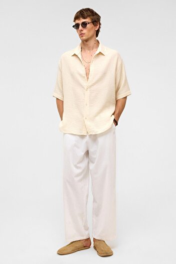 VAMOSCLO Oversize Short Sleeve Muslin Fabric Shirt Natural