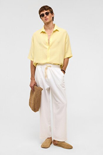 VAMOSCLO Oversize Short Sleeve Muslin Fabric Shirt Yellow