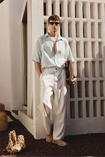 VAMOSCLO Oversize Short Sleeve Muslin Fabric Shirt Blue