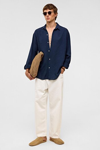 VAMOSCLO Oversize Long Sleeve Linen Shirt Navy Blue