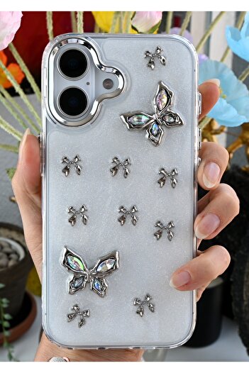 Go Aksesuar iPhone 16 Compatible 3D Metal Butterfly Design Silicone Case with Toys