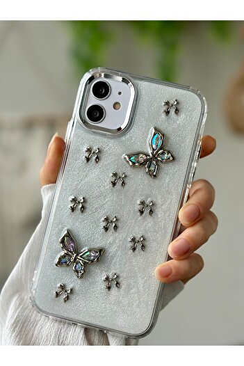Go Aksesuar iPhone 12 and 12 Pro Compatible Metal Butterfly Design Flexible Silicone Case with Toy