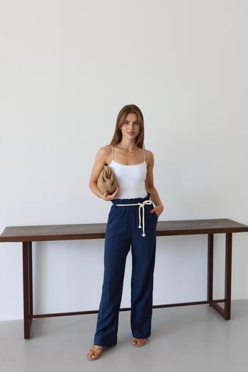 Jeevee Navy Blue Crinkle Fabric Lace-Up Summer Trousers