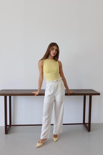 Jeevee White Crinkle Fabric Lace-Up Summer Trousers