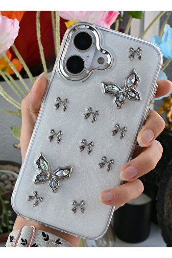 Go Aksesuar iPhone 16 Compatible 3D Metal Butterfly Design Silicone Case with Toys