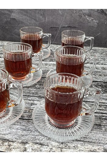 ORTAKÖY CENNETİ 6-Person 12-Piece Glass Tea Set, Tea Cup and Plate Set