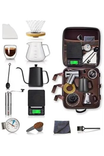 Generic Pour Over Coffee Maker Travel Kit, 9-Piece Set with Gooseneck Kettle, Glass Server, Digital Scale, G