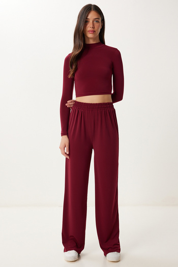 Happiness İstanbul Women's Burgundy Crop Blouse Pants Sandy Suit Dz00132