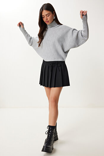 Happiness İstanbul Women's Gray Finger Snap Crop Ribbed Knitwear Sweater Mx00238