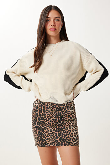 Happiness İstanbul Fusta mini din Gabardină cu model leopard negru bej GP00024